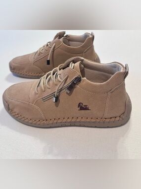 Taupe Lace-Up Driving Shoes with Side Zipper